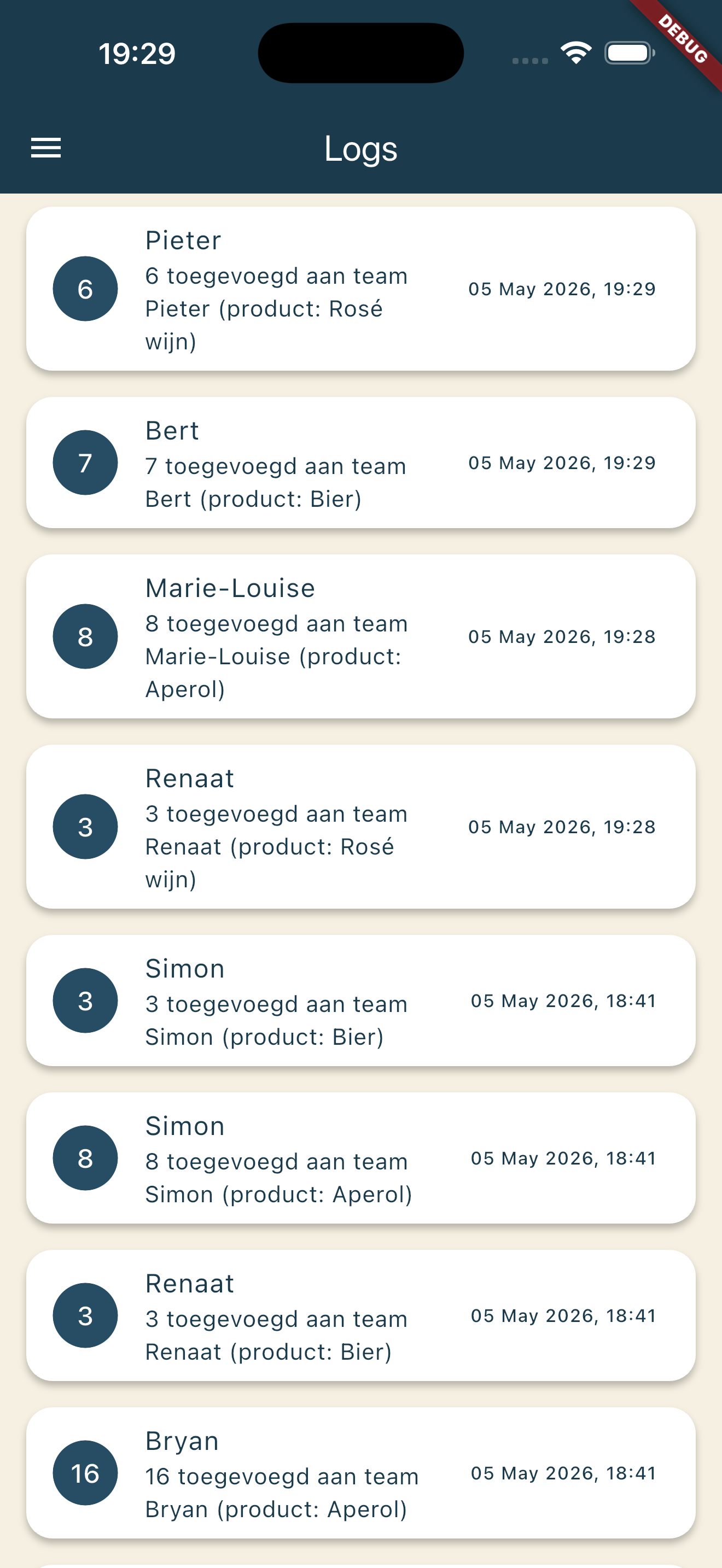 Bar Battle app — activity log met wie hoeveel toevoegde aan welk team en op welk tijdstip