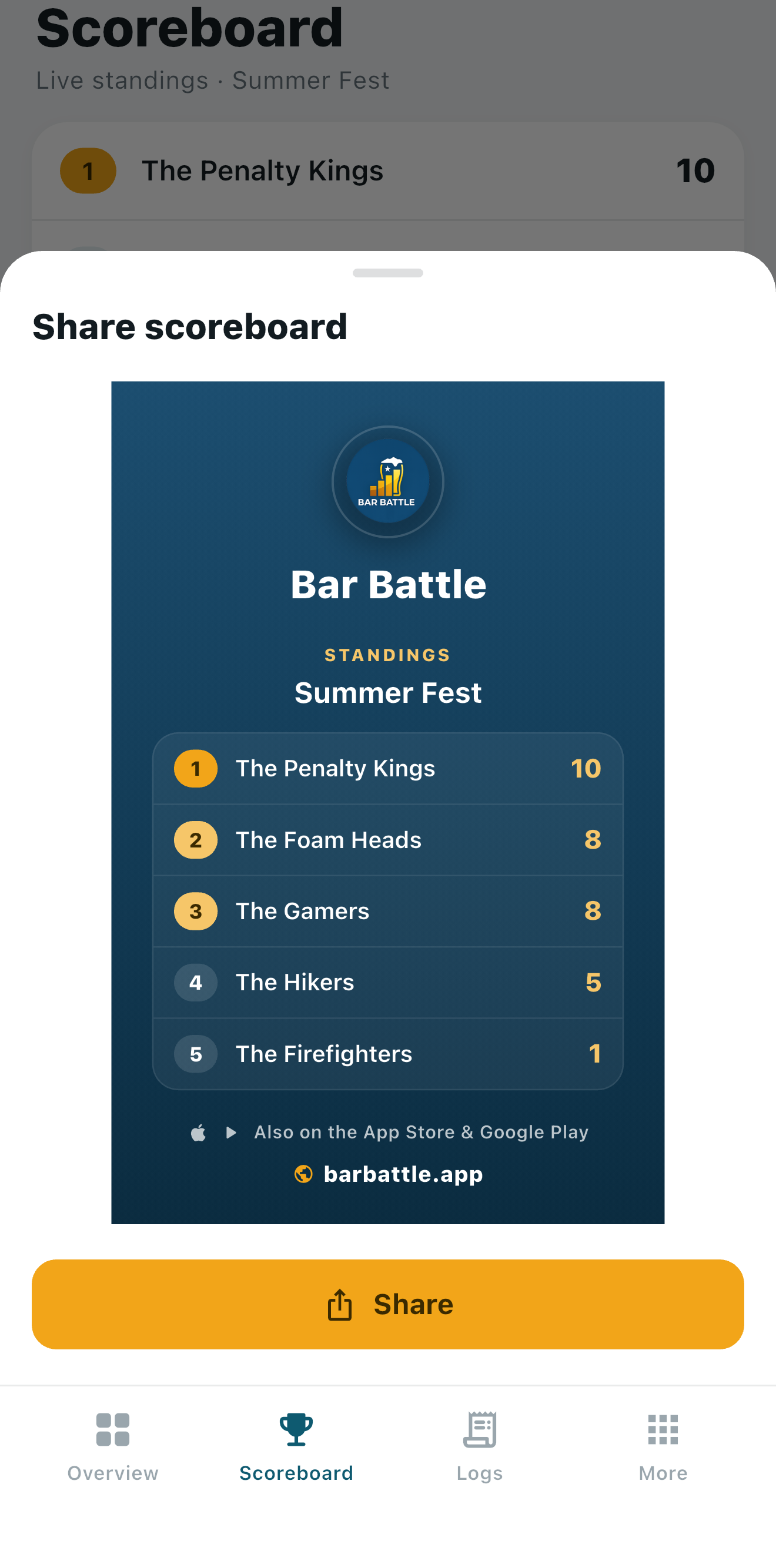 Bar Battle アプリ: 順位を画像にして WhatsApp や Messenger、SMS で共有